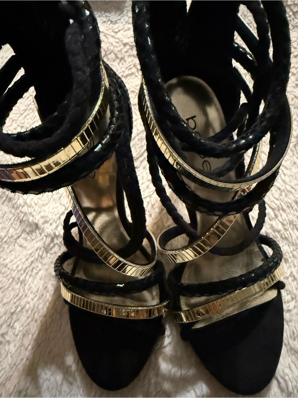 bebe Black and Gold Braided Strappy High Heels